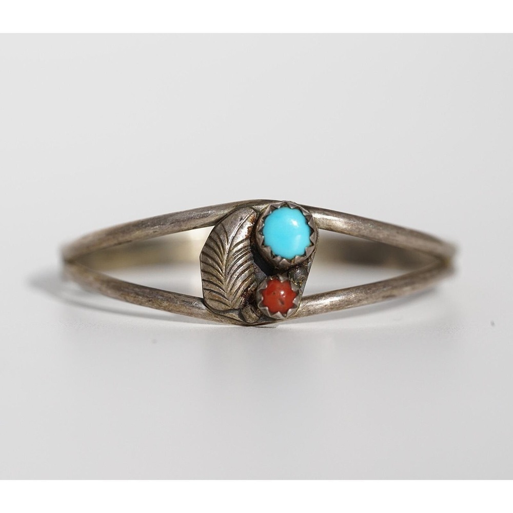 Old Pawn Native American Sterling‎ Silver Turquoise Coral Child's Cuff Bracelet